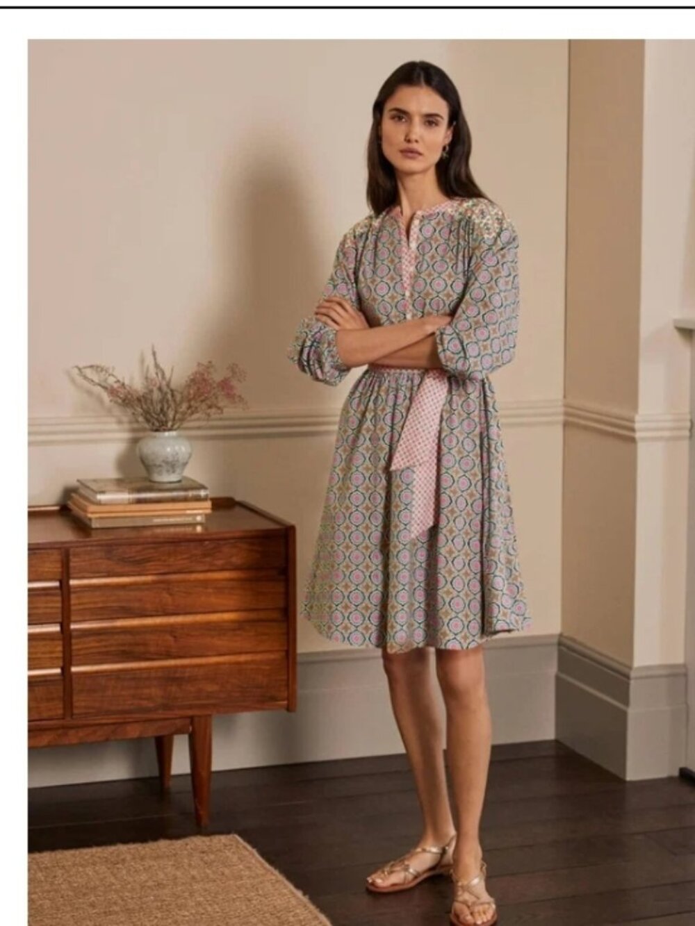 Boden Belted Cotton Dress in Ivory Mosaic Tile Print Size 12 NWOT
